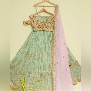 Beautiful Off the Shoulder Lehenga Set, Mint Green & Pink.